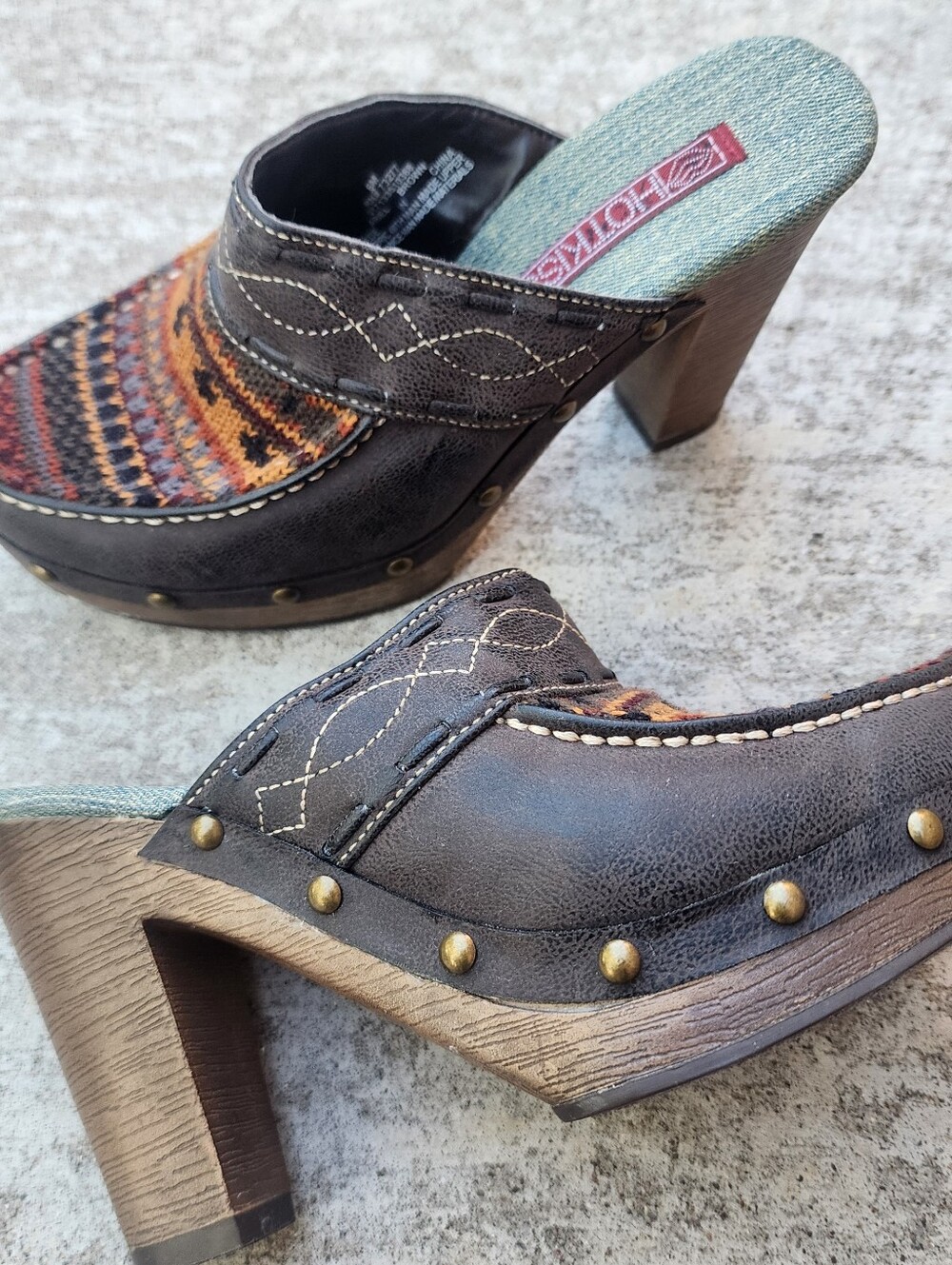 Y2K HOT KISS Ariel Block Heel Studded Platform Mule Clogs Boho Multicolor Size 6